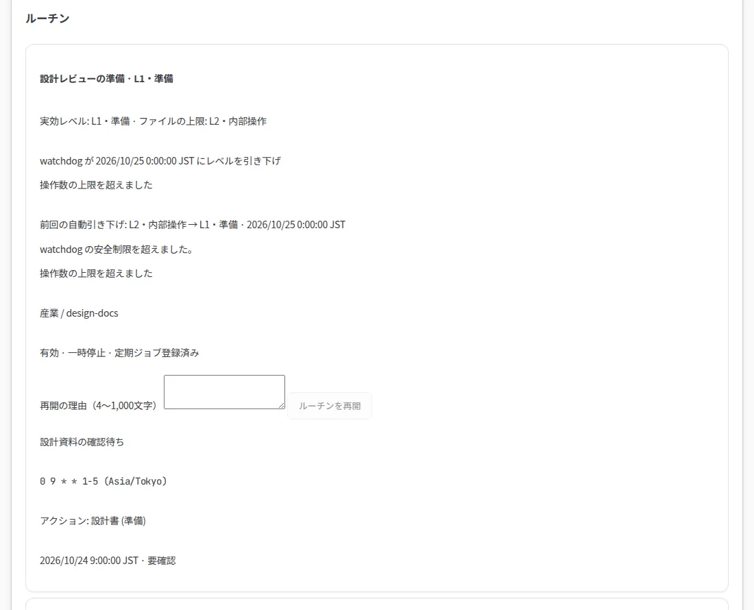 サンプルデータを表示した Kurahi のオートパイロット画面：ウォッチドッグによって L2 から L1 に下げられ、人による再開を待っているルーティン