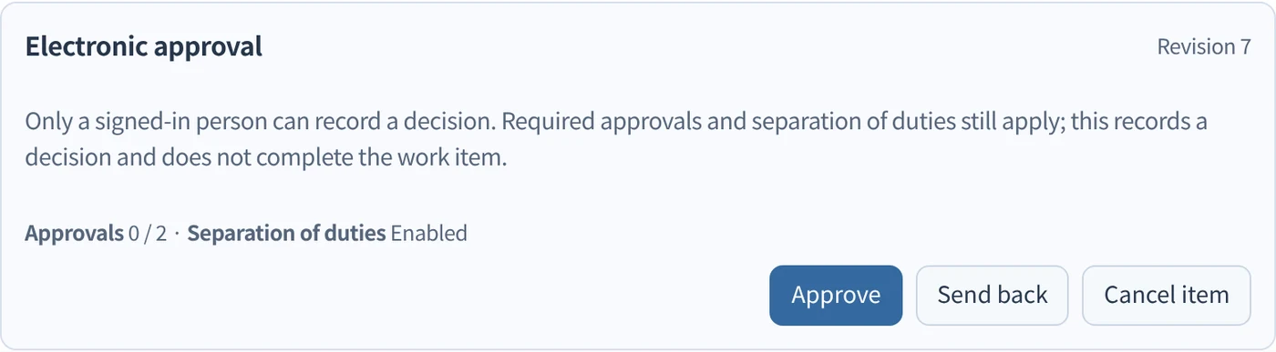 Electronic approval panel: approvals 0 of 2, separation of duties enabled, approve, send back or cancel