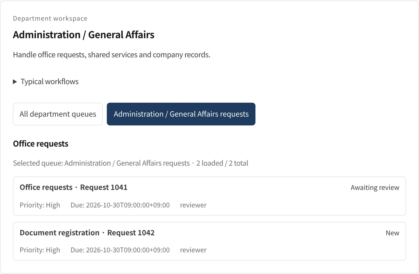 Administration / General Affairs department workspace in the Kurahi console