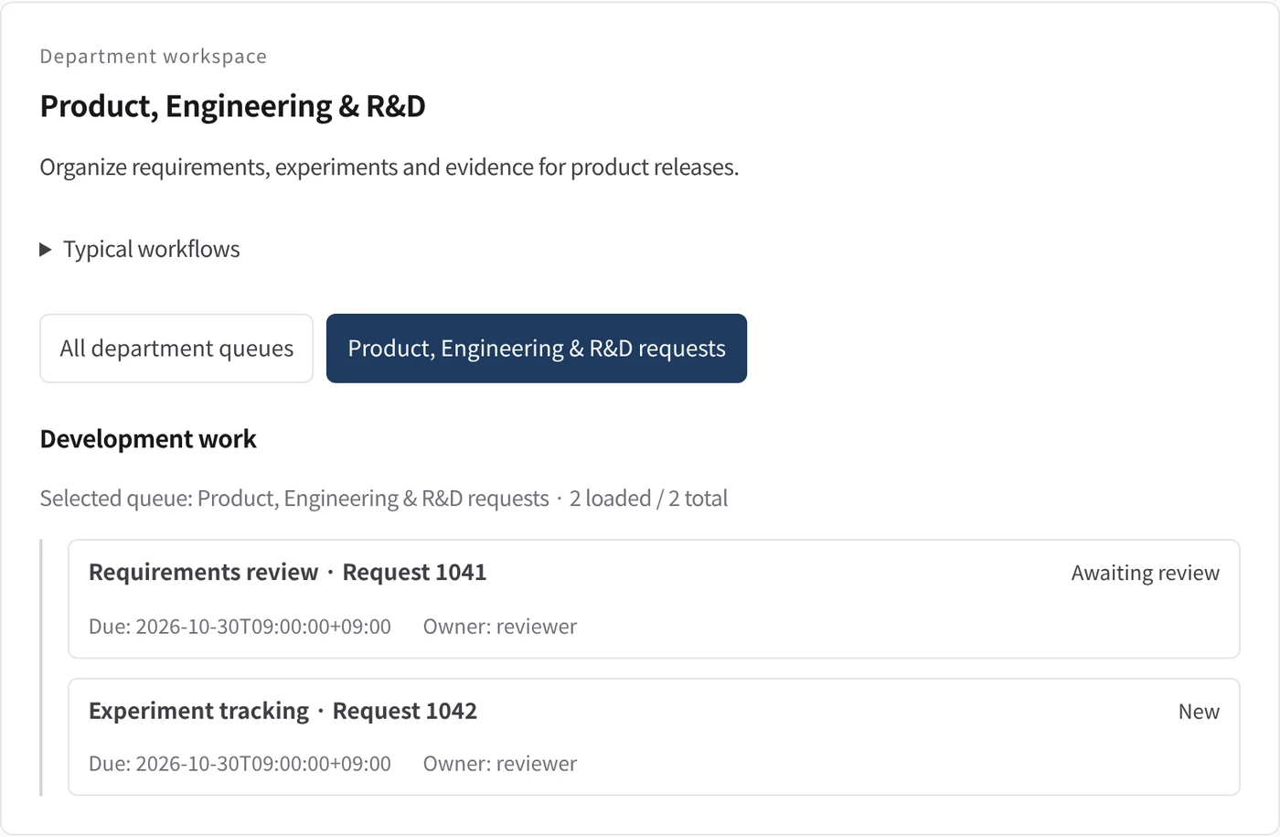 Product, Engineering & R&D department workspace in the Kurahi console