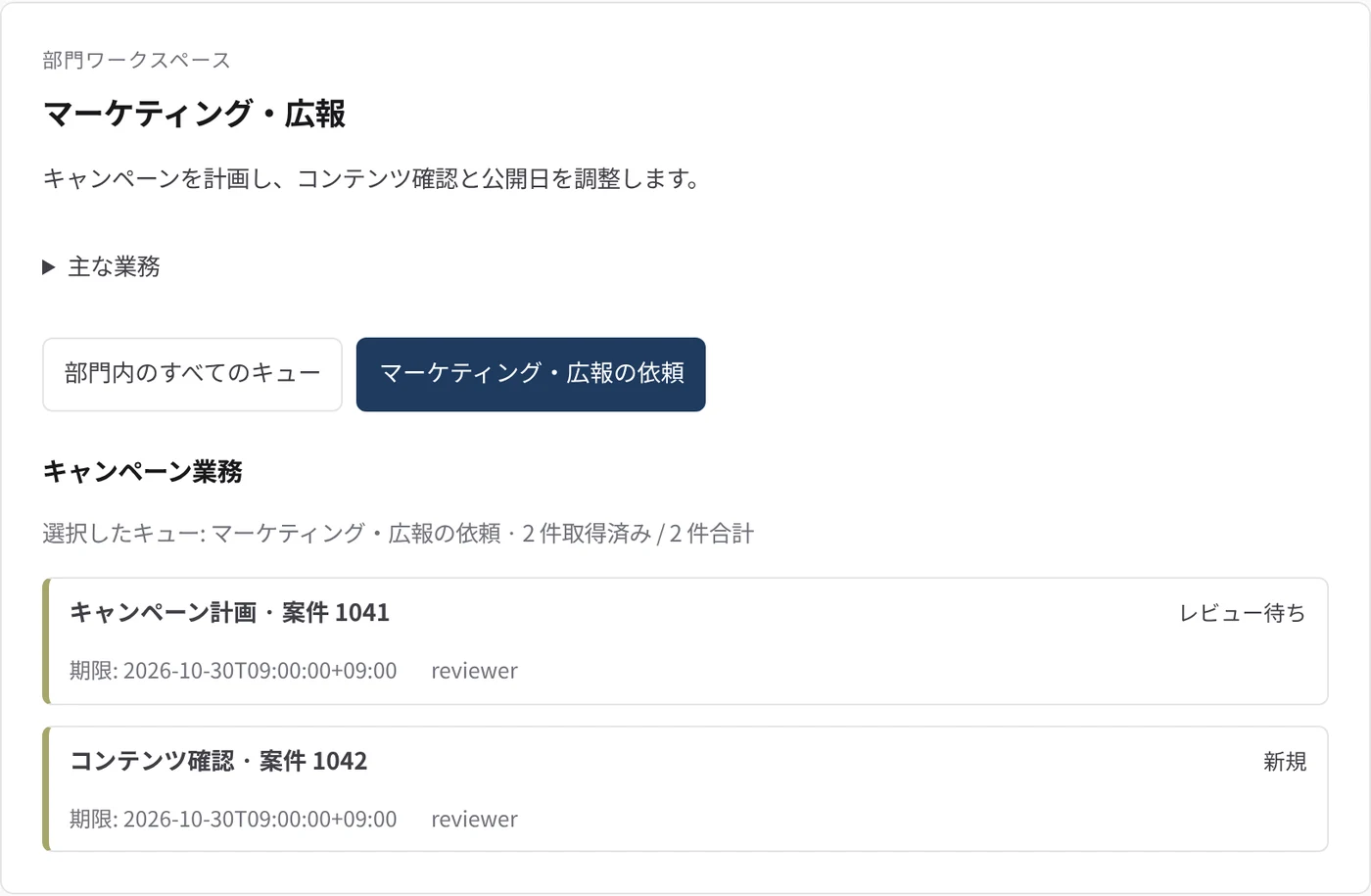 マーケティング・広報 の部門ワークスペース